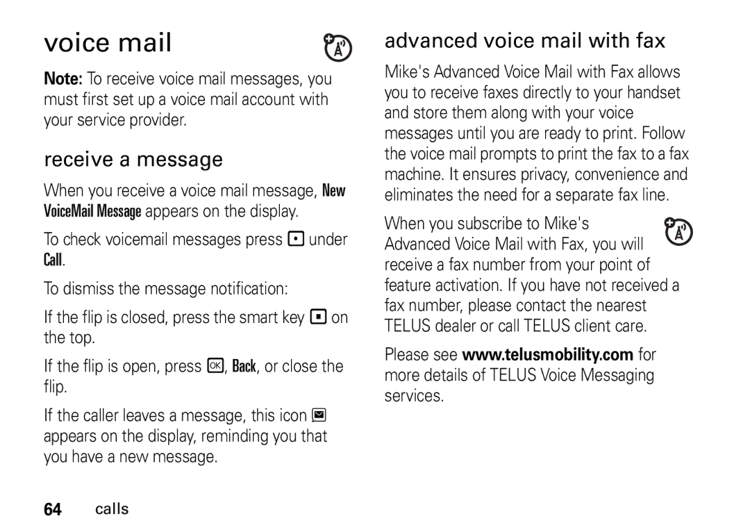 Motorola NNTN7966A, H76XAH6JR7AN manual Voice mail, Advanced voice mail with fax 