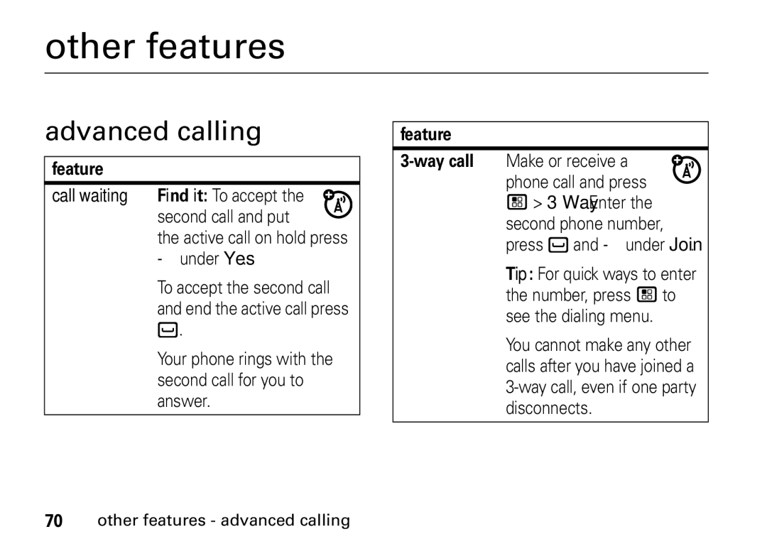 Motorola NNTN7966A Other features, Advanced calling, Feature, Way. Enter the second phone number, press `and under Join 