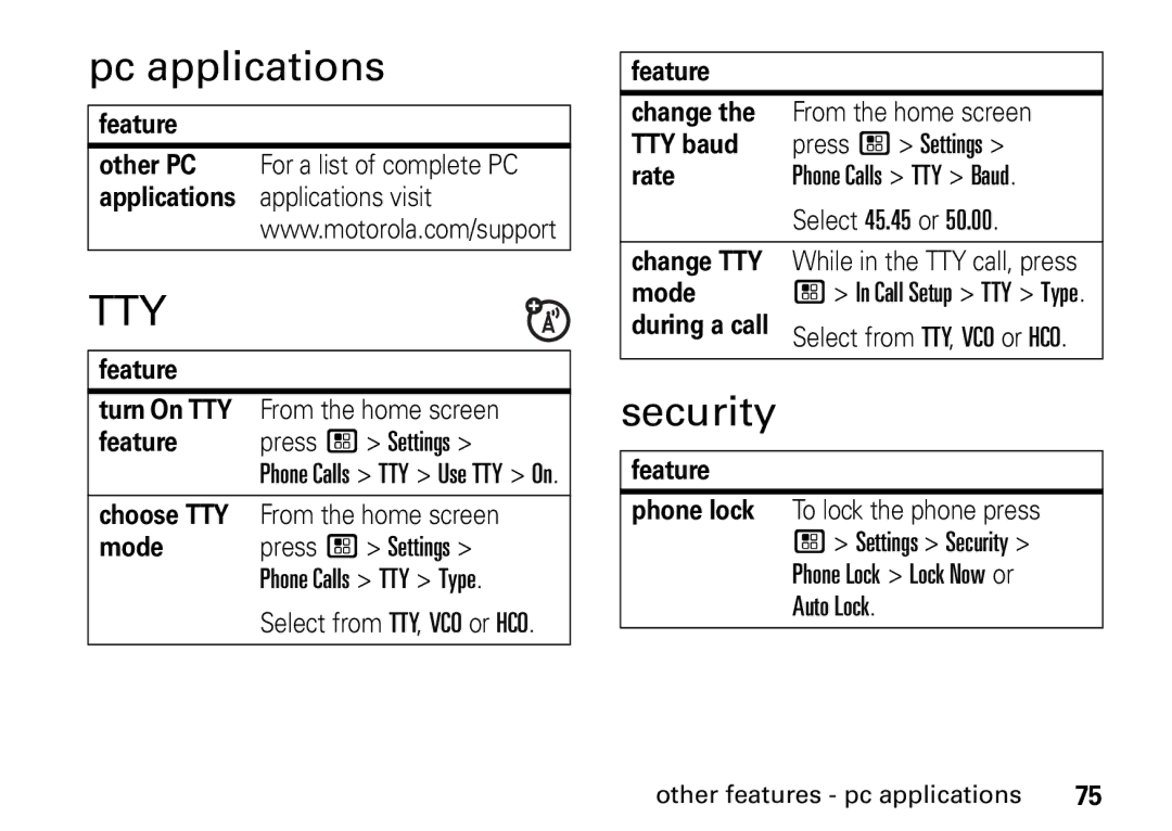 Motorola H76XAH6JR7AN, NNTN7966A manual Pc applications, Security, Select 45.45 or, Change TTY, Mode 