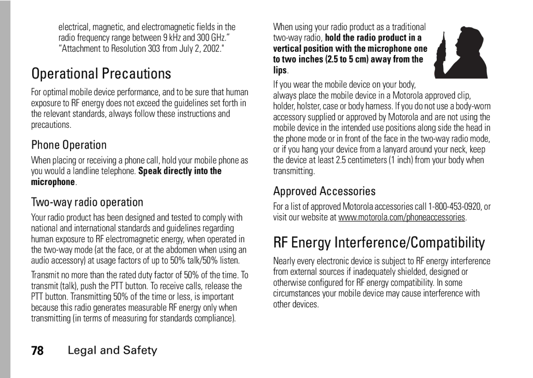 Motorola NNTN7966A Operational Precautions, RF Energy Interference/Compatibility, Phone Operation, Two-way radio operation 