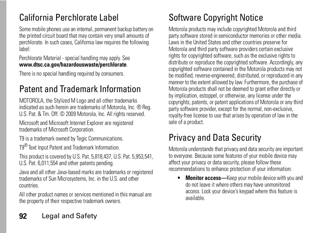 Motorola NNTN7966A, H76XAH6JR7AN California Perchlorate Label, Patent and Trademark Information, Software Copyright Notice 