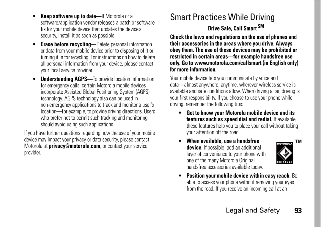 Motorola H76XAH6JR7AN, NNTN7966A manual Smart Practices While Driving, Drive Safe, Call Smart SM 