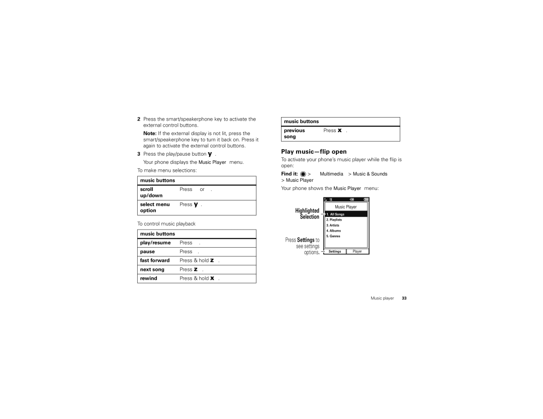 Motorola BALI, NNTN8041A manual Play music-flip open 