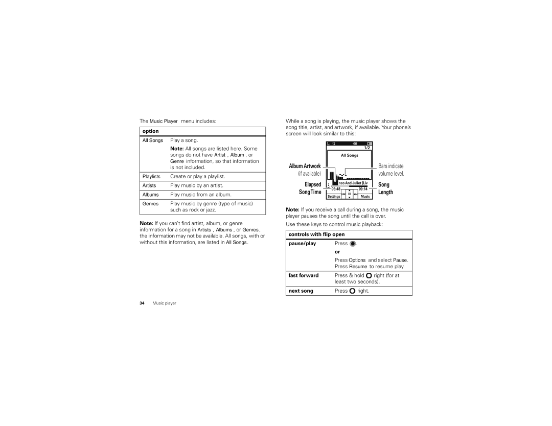 Motorola NNTN8041A, BALI manual Music Player menu includes, Use these keys to control music playback, Next song Press 