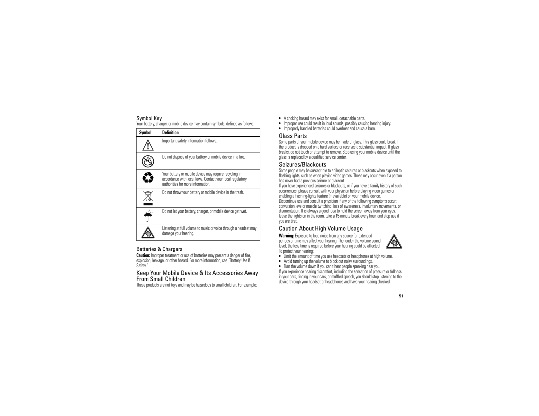 Motorola BALI, NNTN8041A manual Glass Parts, Seizures/Blackouts 