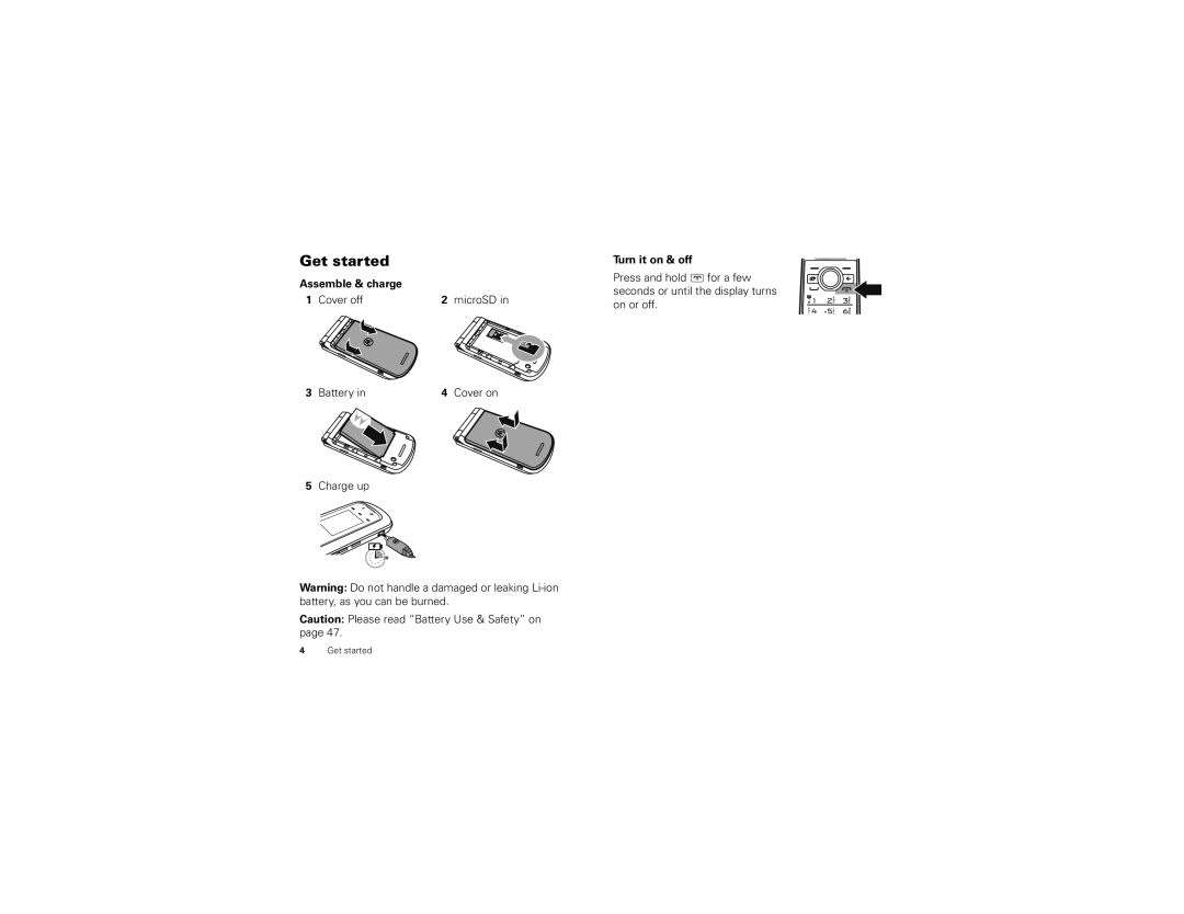 Motorola NNTN8041A, BALI manual Get started, Assemble & charge Cover off, Battery, Charge up, Turn it on & off 