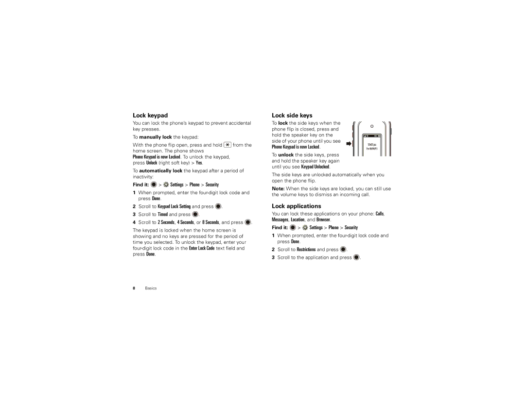 Motorola NNTN8043-A Lock keypad, Lock side keys, Lock applications, You can lock these applications on your phone Calls 