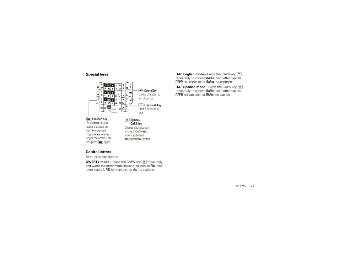 Motorola NNTN8043-A manual Special keys, Capital letters, To enter capital letters 