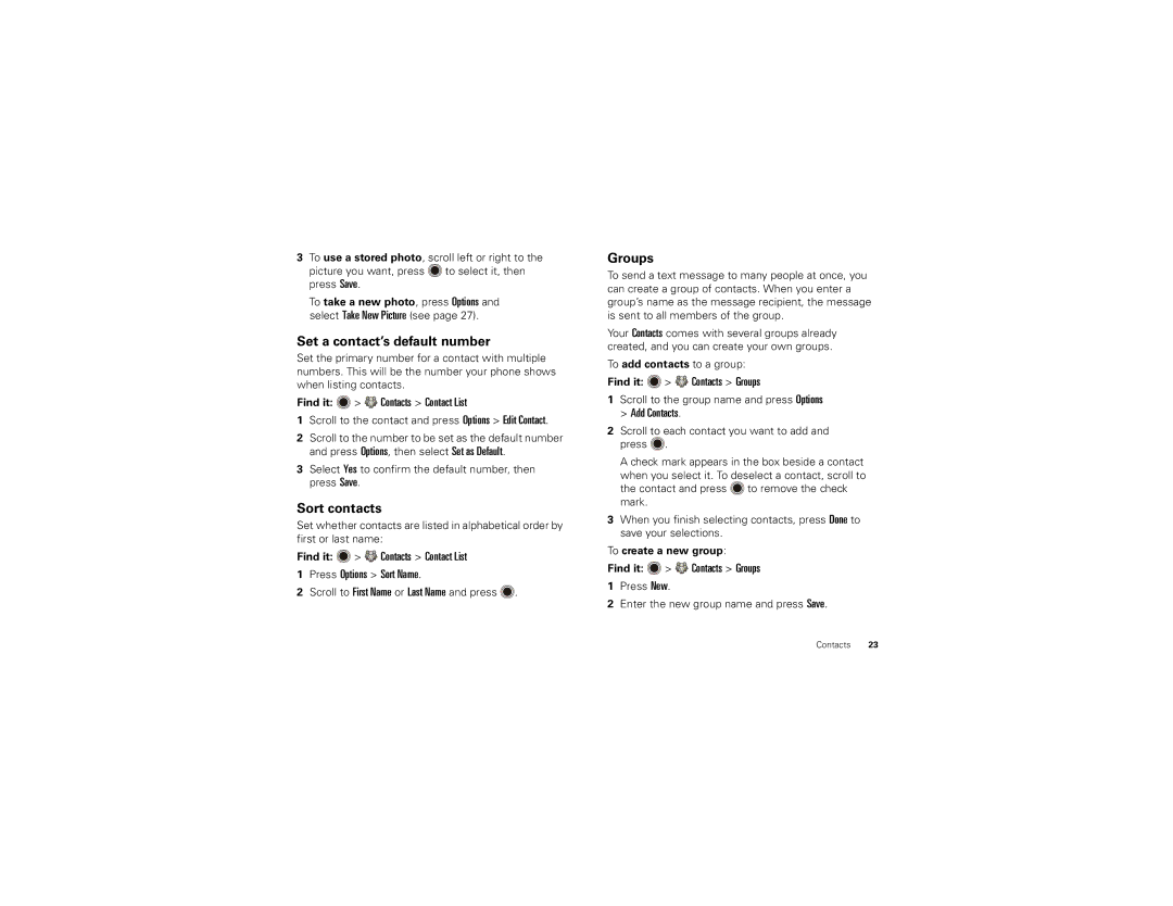 Motorola NNTN8043-A manual Set a contact’s default number, Sort contacts, Groups 