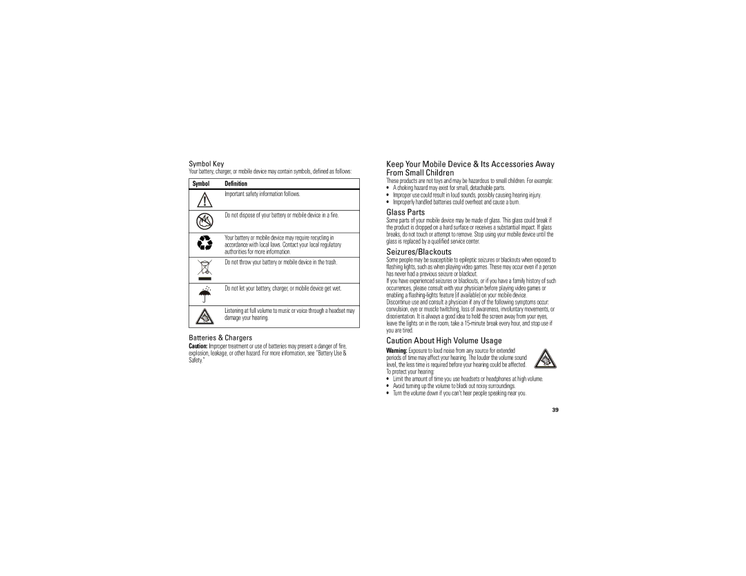 Motorola NNTN8043-A manual Glass Parts, Seizures/Blackouts, Symbol Key, Batteries & Chargers 