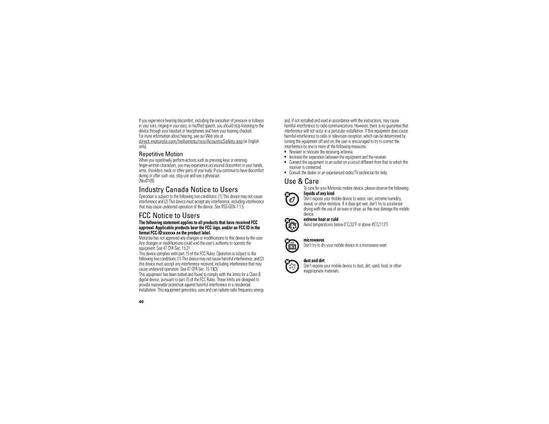 Motorola NNTN8043-A manual Industry Canada Notice to Users, FCC Notice to Users, Use & Care, Repetitive Motion 