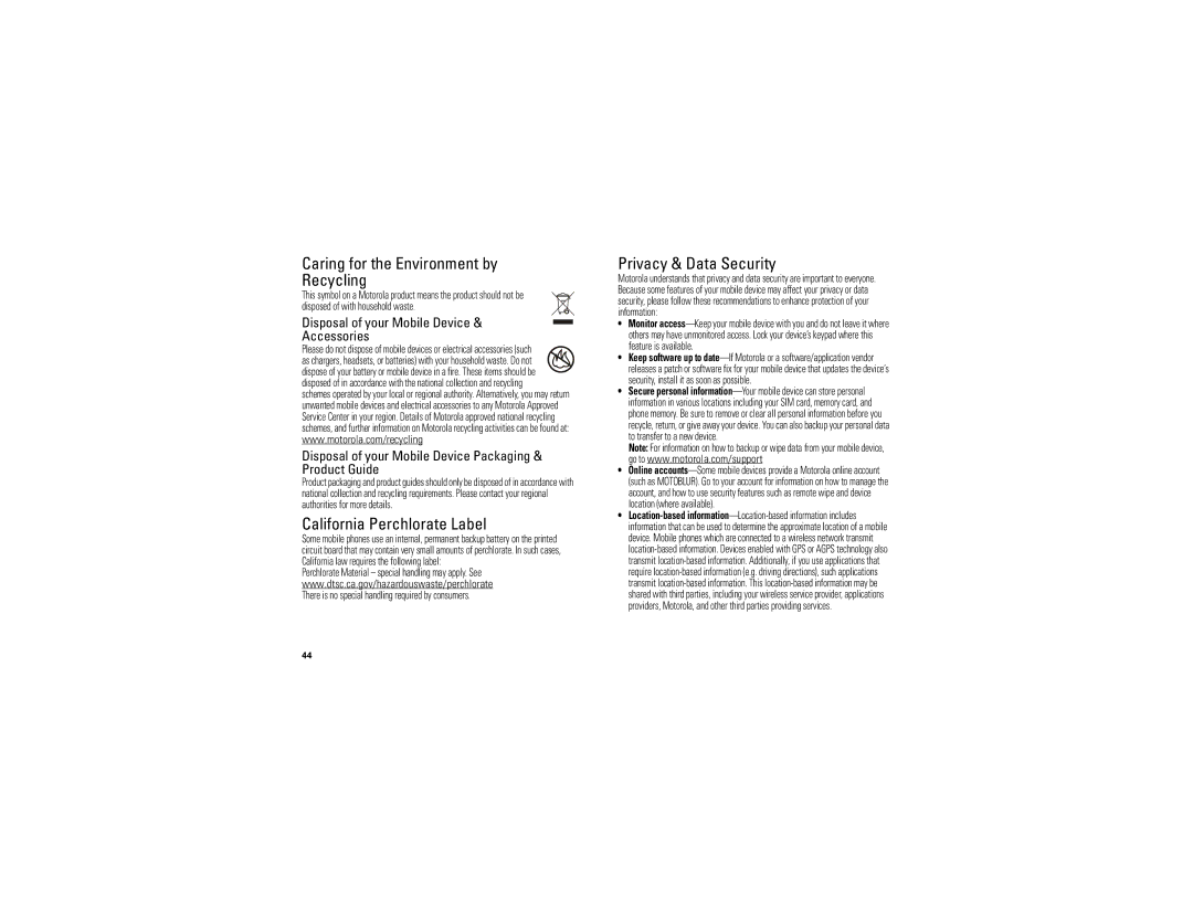 Motorola NNTN8043-A manual Caring for the Environment by Recycling, California Perchlorate Label, Privacy & Data Security 