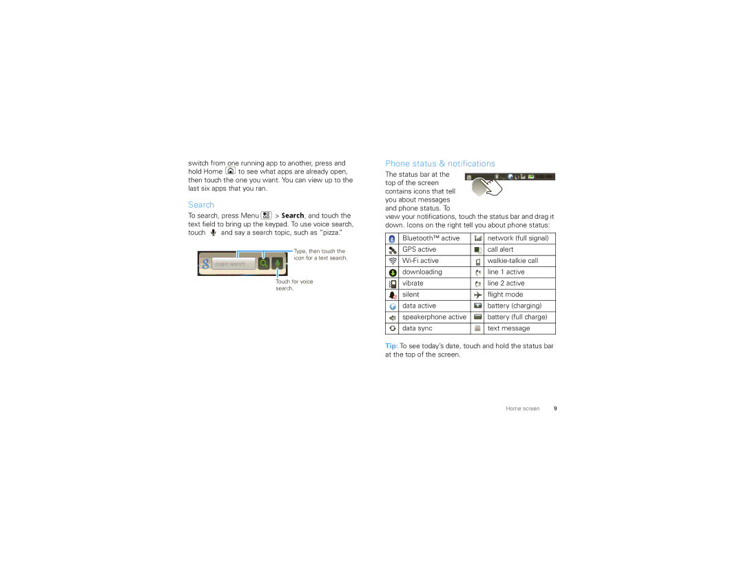 Motorola I1, NNTN8085A manual Search, Phone status & notifications, Touch and say a search topic, such as pizza 