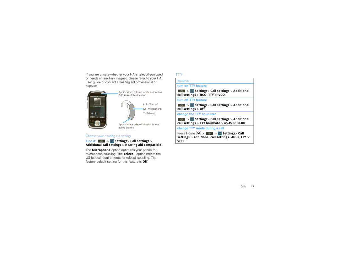 Motorola I1, NNTN8085A manual Choose your hearing aid setting, Features, Settings Call settings Additional call settings Off 