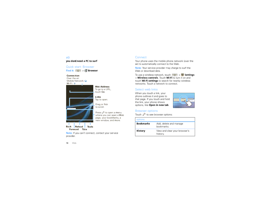 Motorola NNTN8085A, I1 manual Web, Quick start Browser, Connect, Select web links, Browser options 