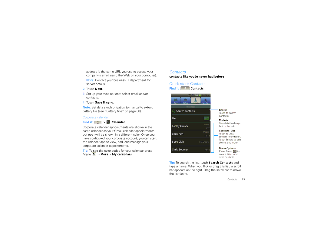 Motorola I1, NNTN8085A manual Quick start Contacts, Touch Save & sync, Corporate calendar, Menu More My calendars 
