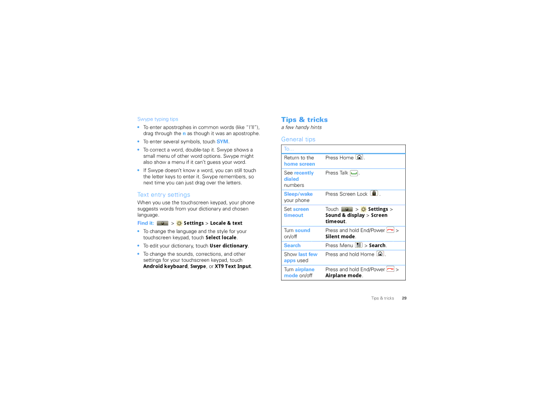 Motorola I1, NNTN8085A manual Tips & tricks, Text entry settings 