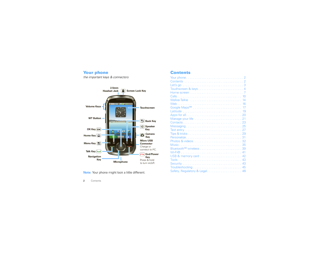 Motorola NNTN8085A, I1 manual Your phone, Contents 