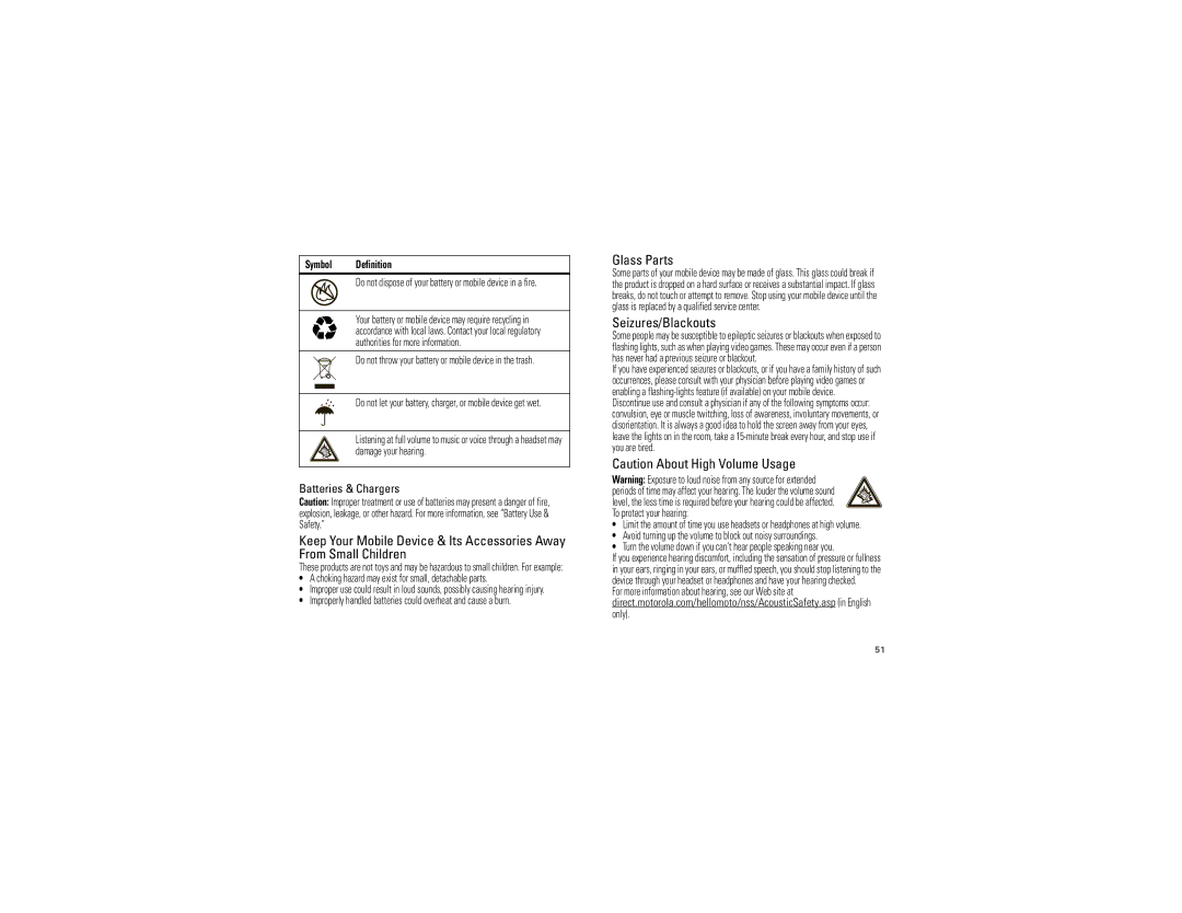 Motorola I1, NNTN8085A manual Glass Parts, Seizures/Blackouts 