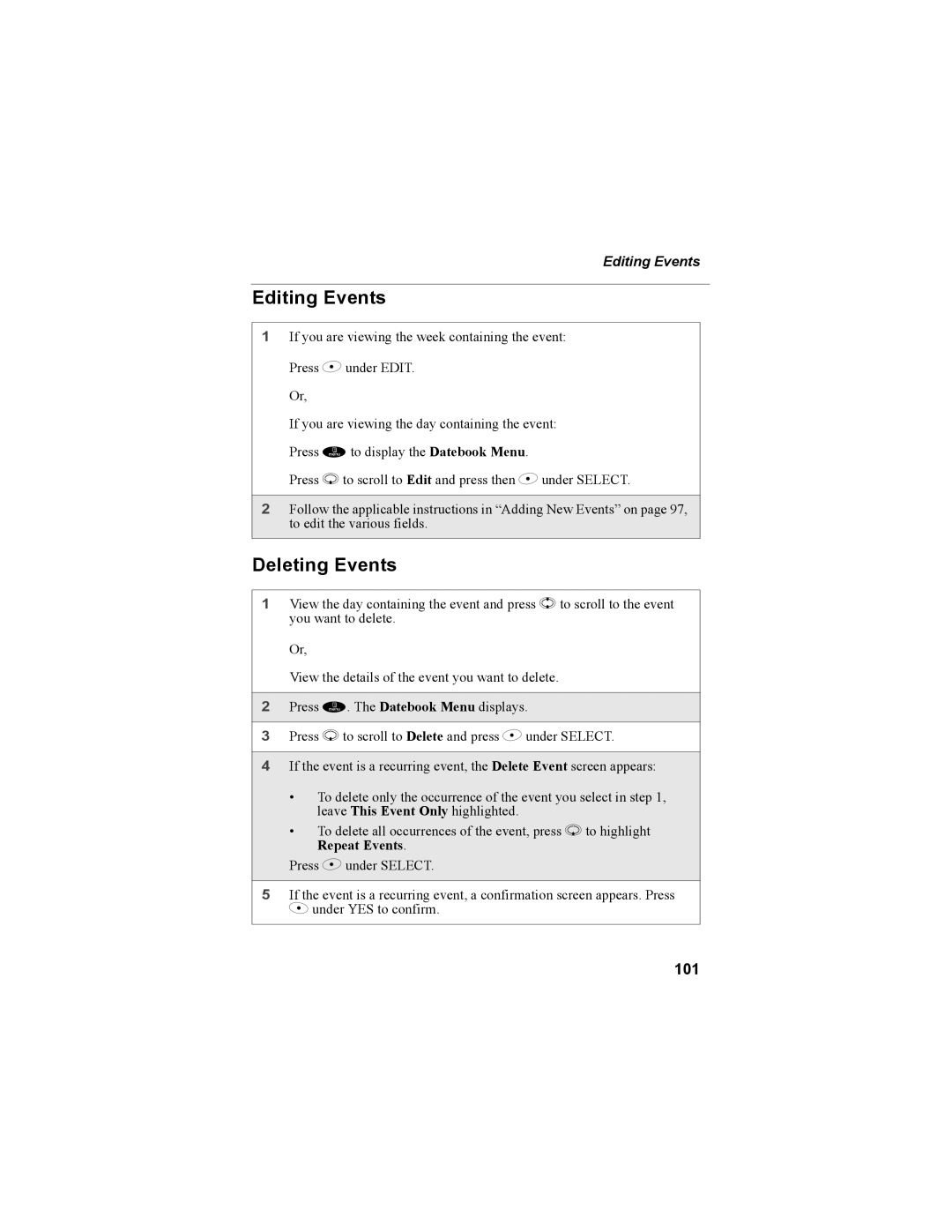 Motorola NTN9468-B manual Editing Events, Deleting Events, 101 