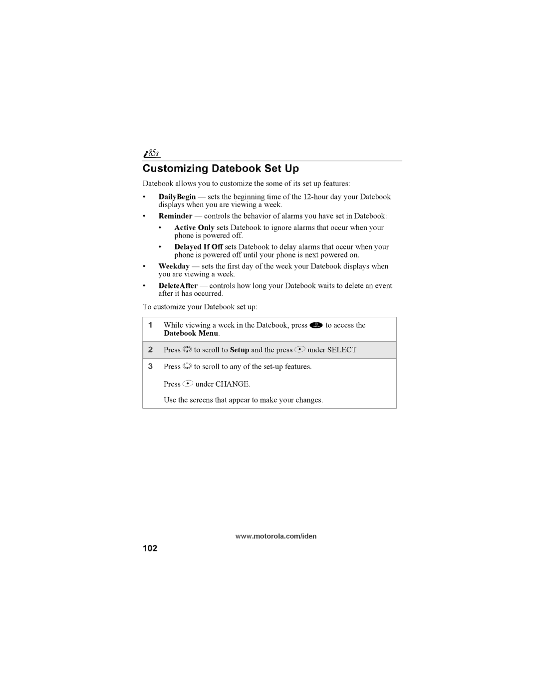 Motorola NTN9468-B manual Customizing Datebook Set Up, 102 