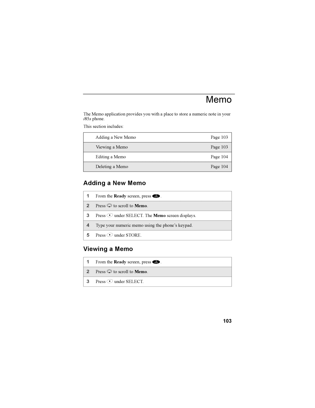 Motorola NTN9468-B manual Adding a New Memo, Viewing a Memo, 103 