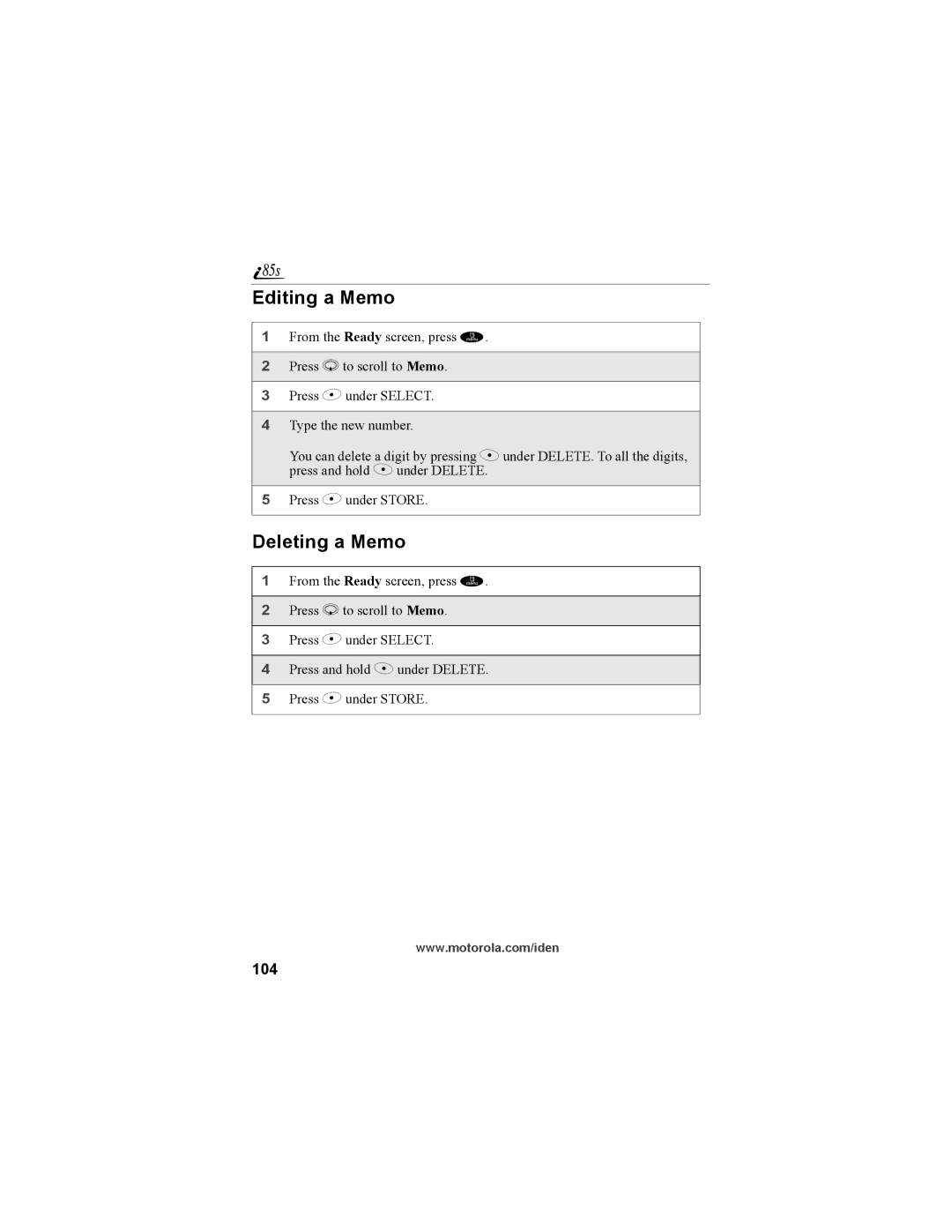 Motorola NTN9468-B manual Editing a Memo, Deleting a Memo, 104 