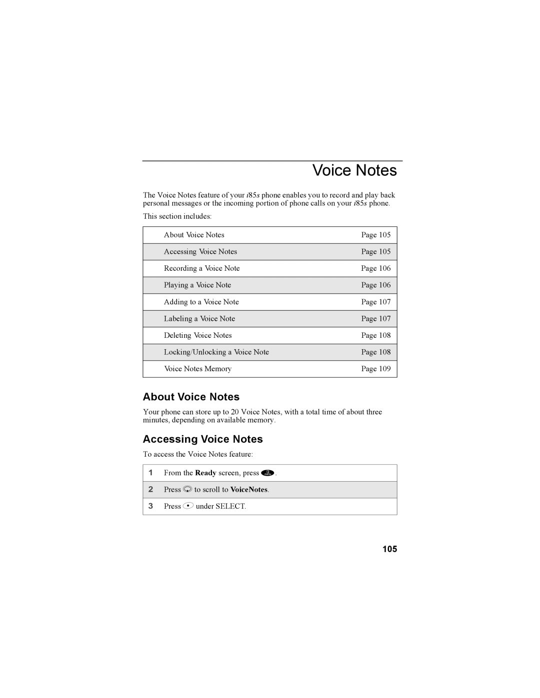 Motorola NTN9468-B manual About Voice Notes, Accessing Voice Notes, 105 