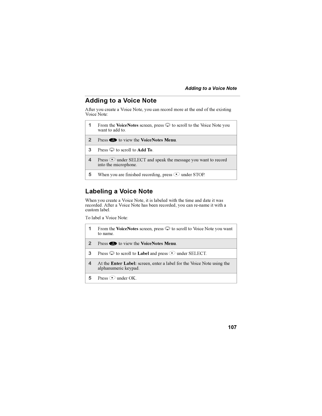 Motorola NTN9468-B manual Adding to a Voice Note, Labeling a Voice Note, 107 