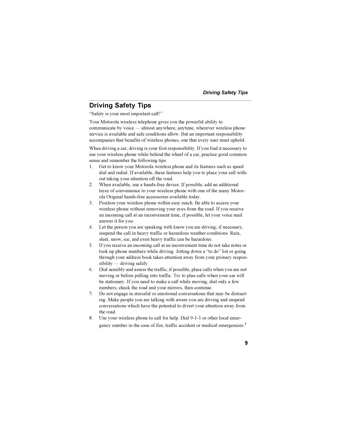 Motorola NTN9468-B manual Driving Safety Tips 