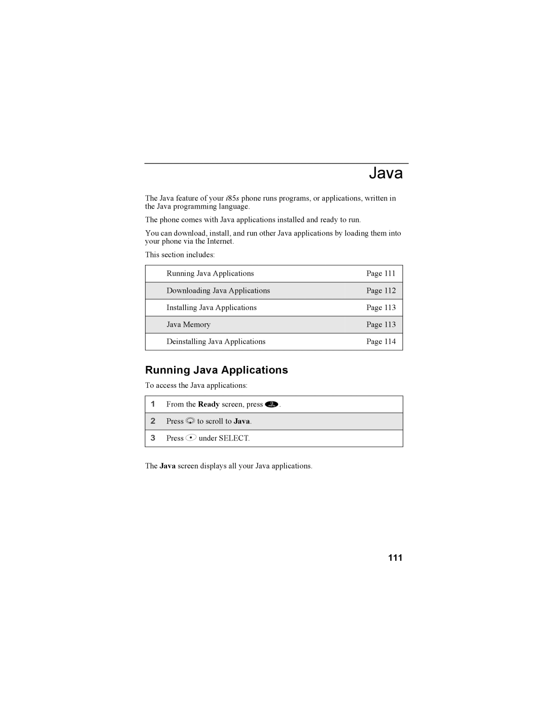 Motorola NTN9468-B manual Running Java Applications, 111 