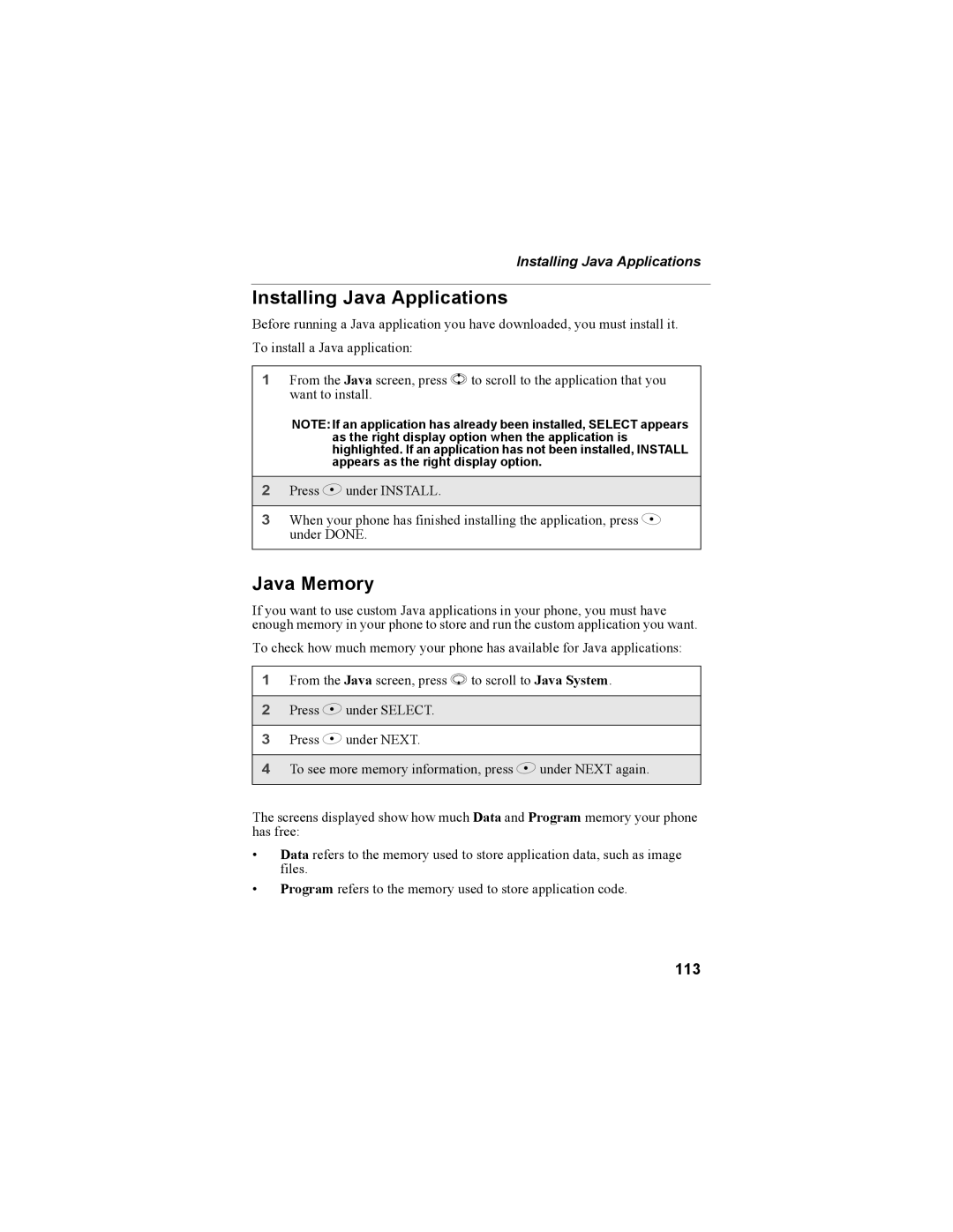 Motorola NTN9468-B manual Installing Java Applications, Java Memory, 113 