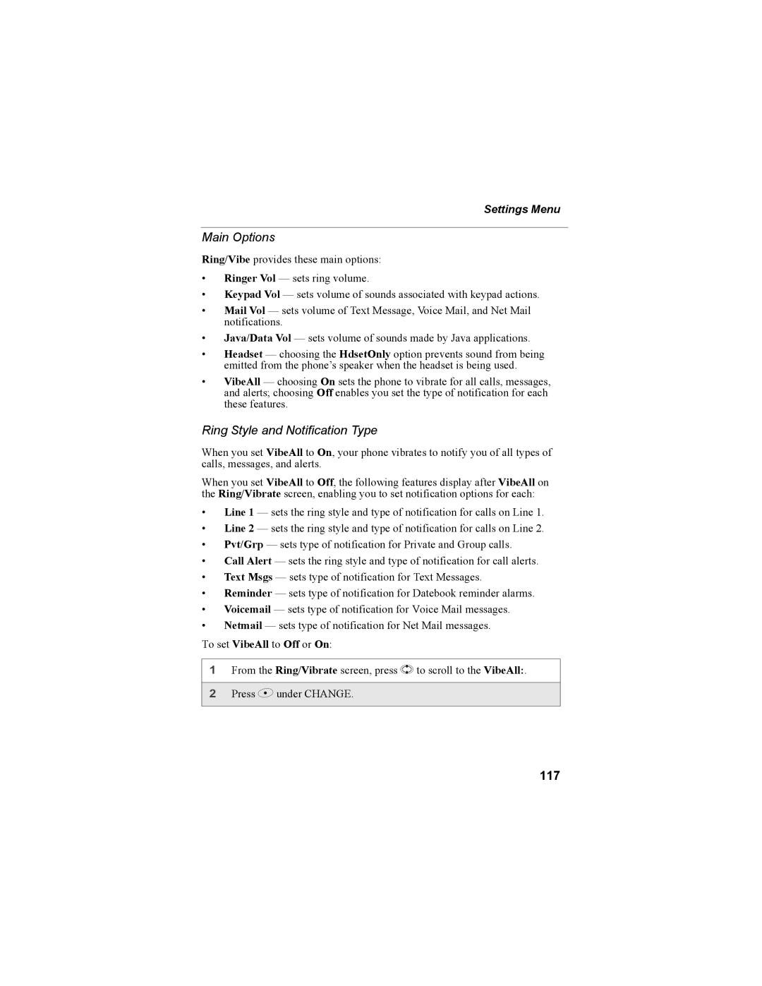 Motorola NTN9468-B manual Main Options, Ring Style and Notification Type, 117, Settings Menu 