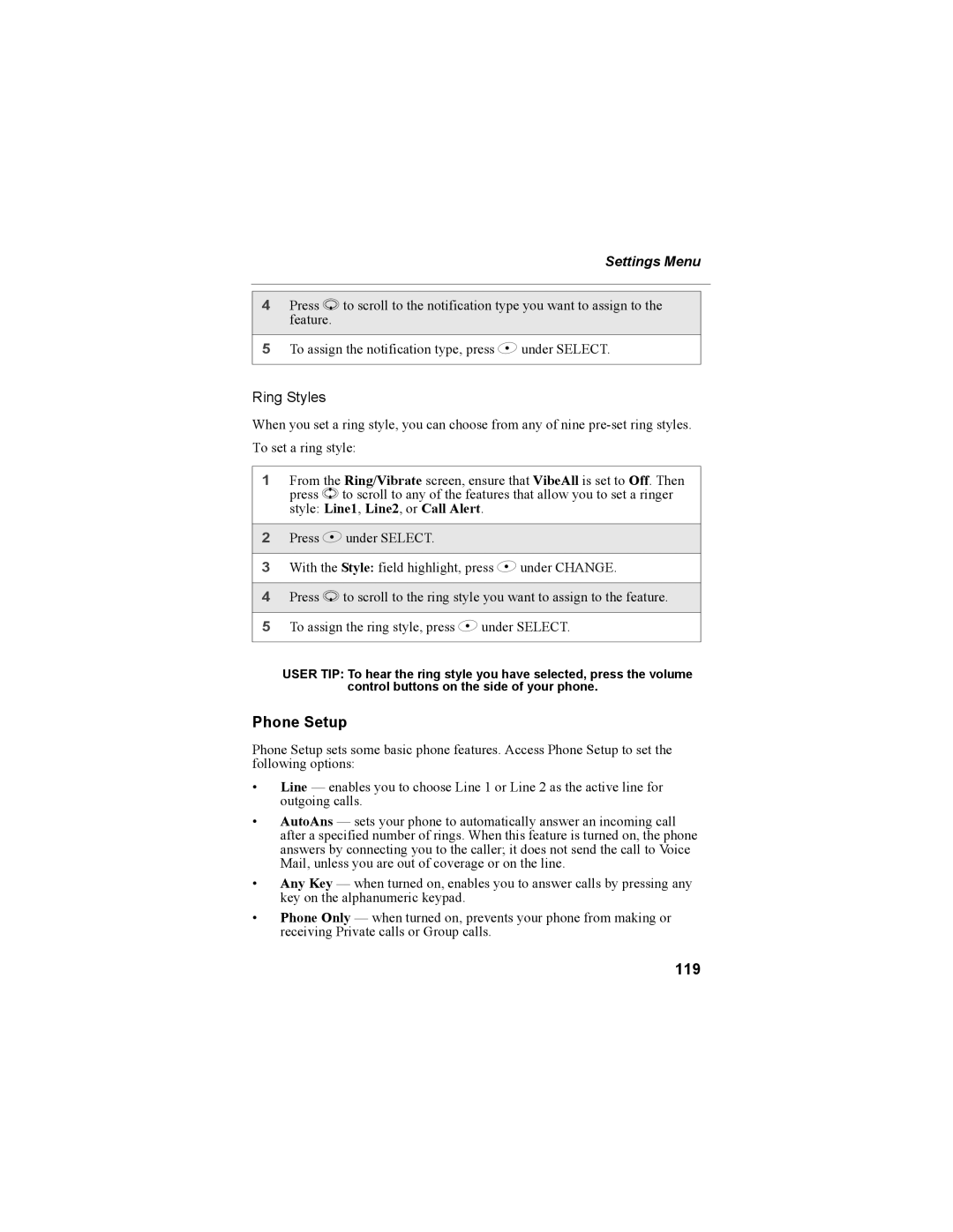 Motorola NTN9468-B manual Phone Setup, 119 