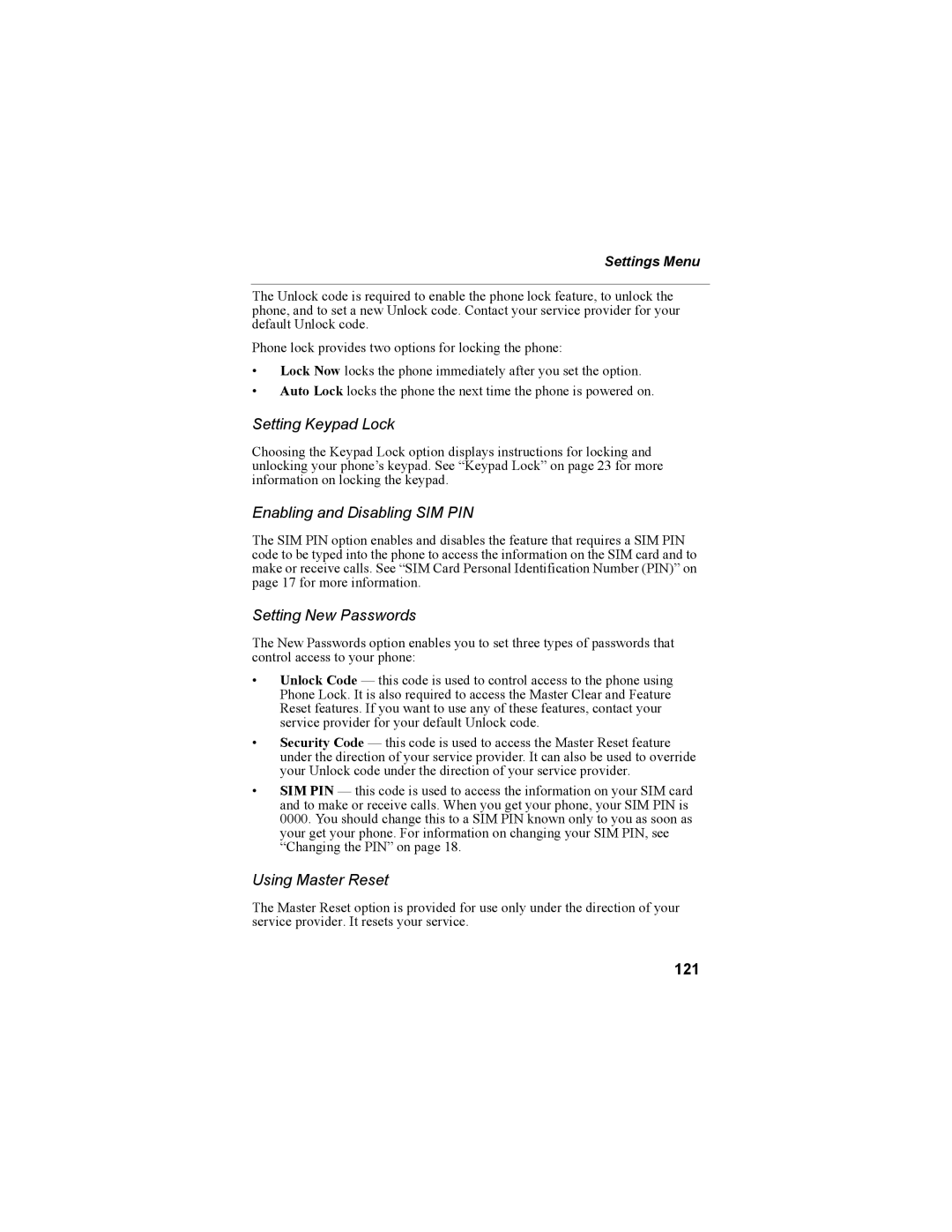 Motorola NTN9468-B Setting Keypad Lock, Enabling and Disabling SIM PIN, Setting New Passwords, Using Master Reset, 121 