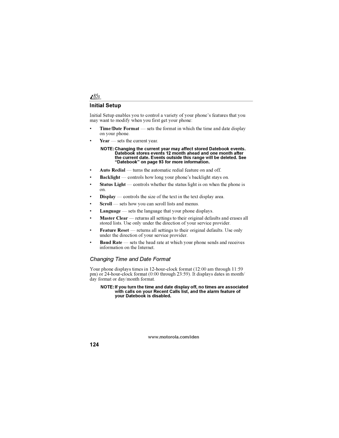 Motorola NTN9468-B manual Initial Setup, Changing Time and Date Format, 124 