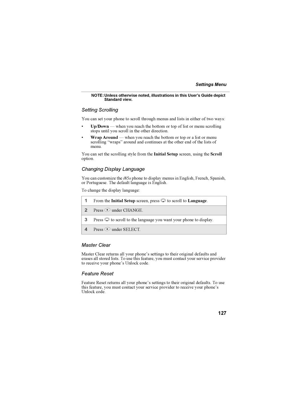 Motorola NTN9468-B manual Setting Scrolling, Changing Display Language, Master Clear, Feature Reset, 127 