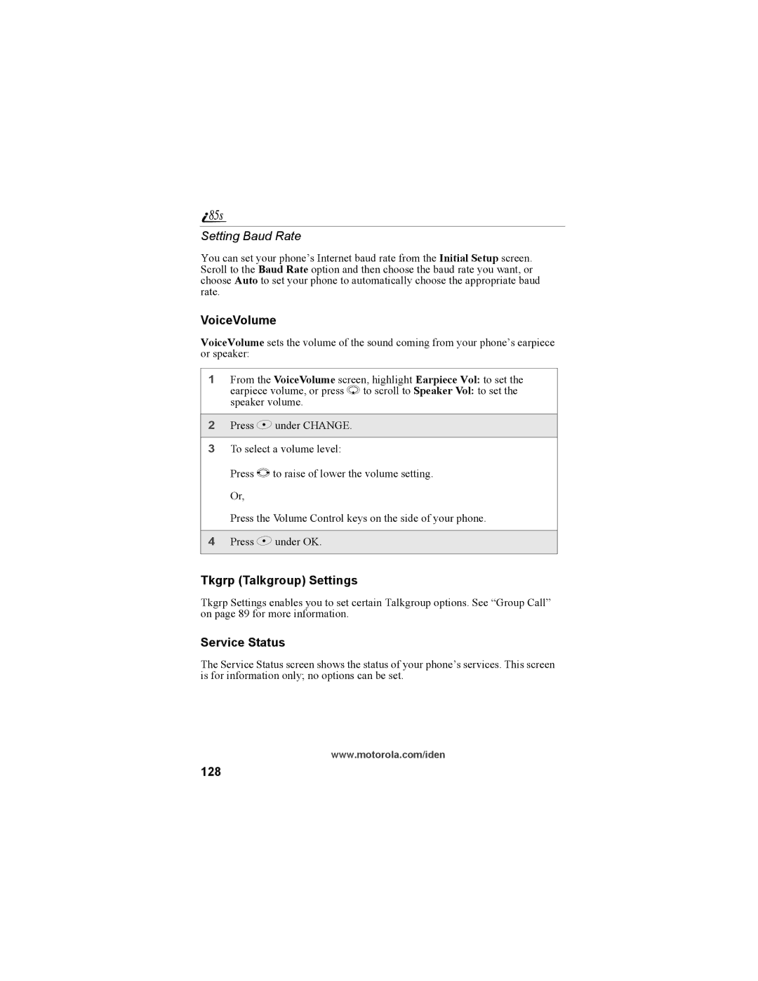 Motorola NTN9468-B manual Setting Baud Rate, VoiceVolume, Tkgrp Talkgroup Settings, Service Status, 128 