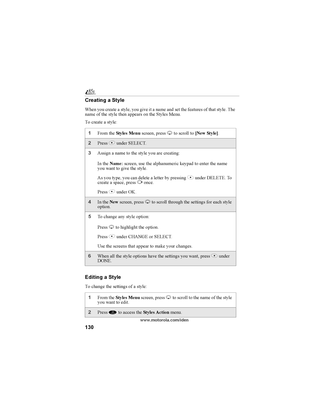 Motorola NTN9468-B manual Creating a Style, Editing a Style, 130 