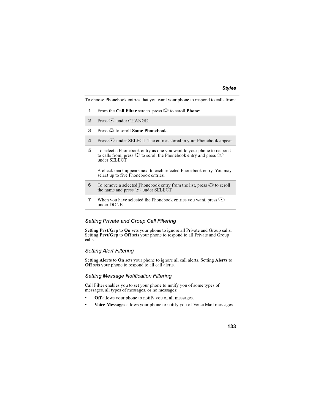 Motorola NTN9468-B manual Setting Private and Group Call Filtering, Setting Alert Filtering, 133 