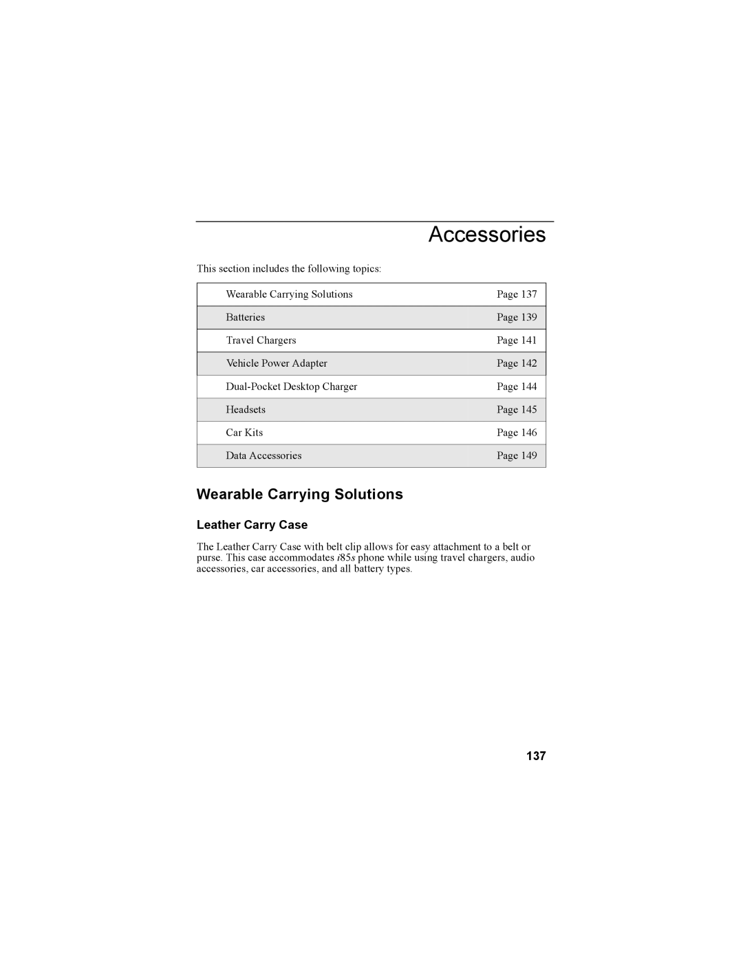 Motorola NTN9468-B manual Accessories, Wearable Carrying Solutions, Leather Carry Case, 137 