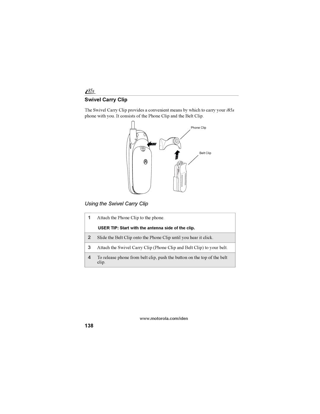 Motorola NTN9468-B manual Using the Swivel Carry Clip, 138 