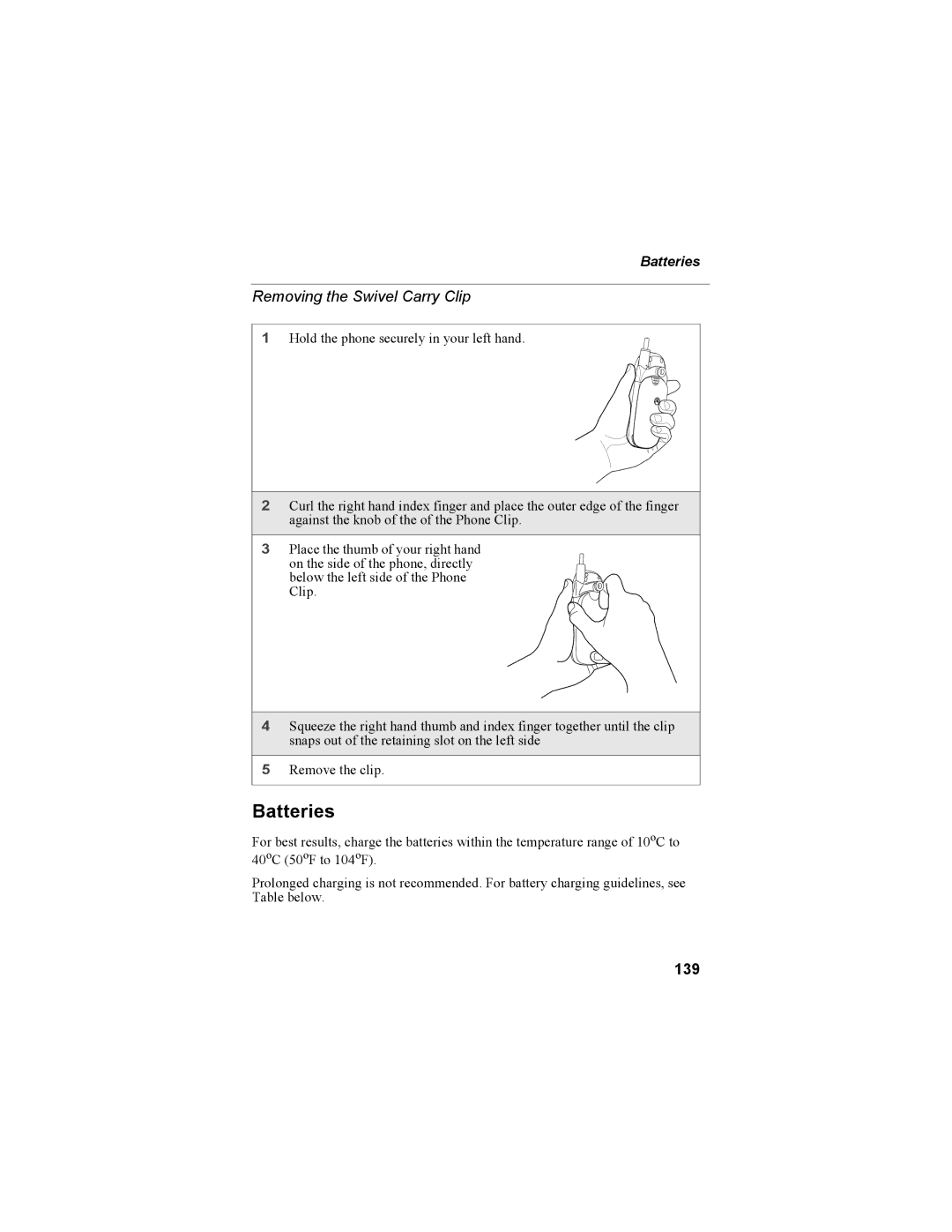 Motorola NTN9468-B manual Batteries, Removing the Swivel Carry Clip, 139 