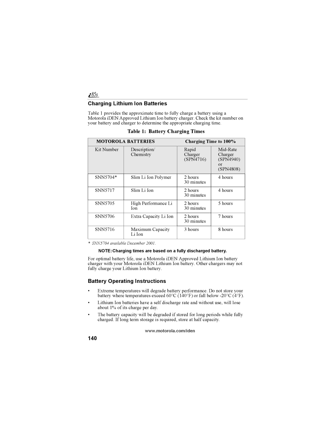 Motorola NTN9468-B manual Charging Lithium Ion Batteries, Battery Operating Instructions, 140, Charging Time to 100% 