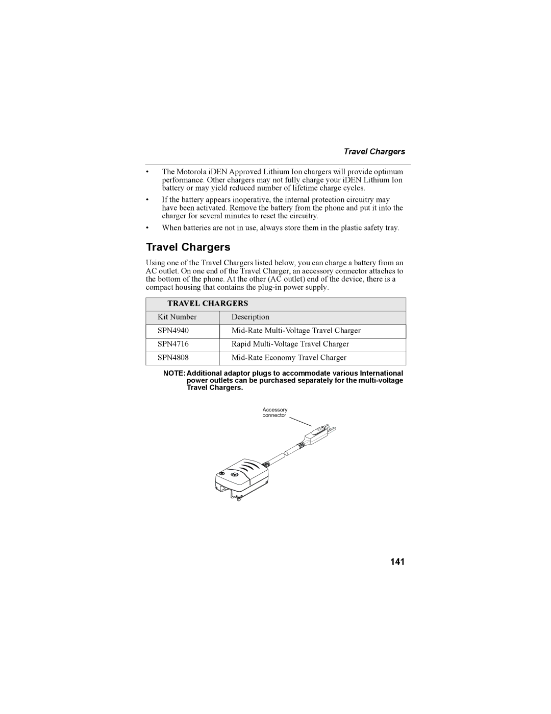 Motorola NTN9468-B manual Travel Chargers, 141 