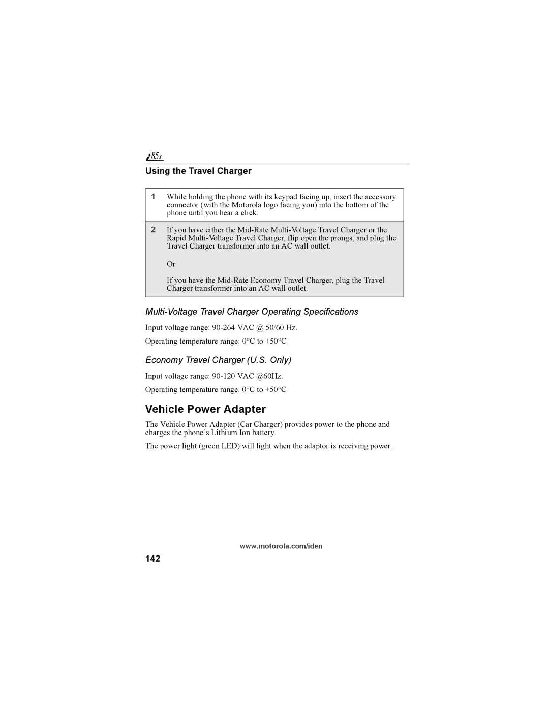 Motorola NTN9468-B Vehicle Power Adapter, Using the Travel Charger, Multi-Voltage Travel Charger Operating Specifications 