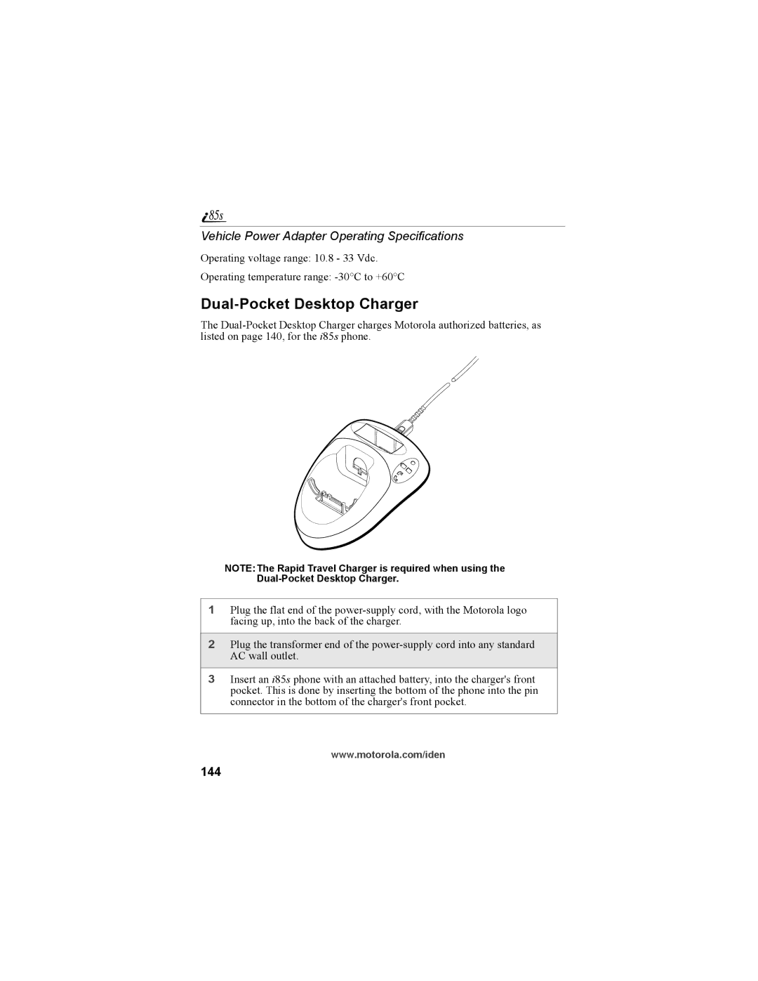 Motorola NTN9468-B manual Dual-Pocket Desktop Charger, Vehicle Power Adapter Operating Specifications, 144 