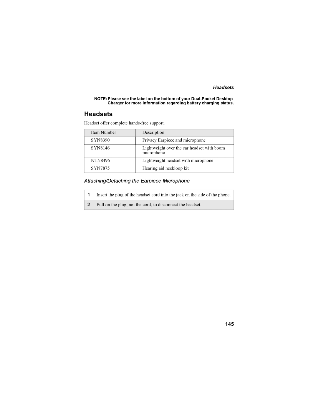 Motorola NTN9468-B manual Headsets, Attaching/Detaching the Earpiece Microphone, 145 