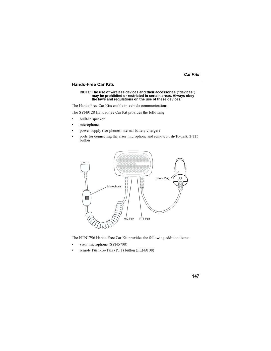 Motorola NTN9468-B manual Hands-Free Car Kits, 147 