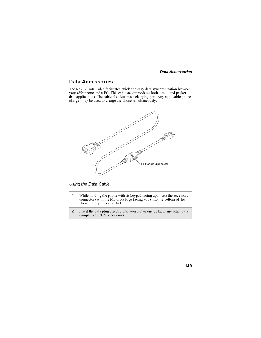 Motorola NTN9468-B manual Data Accessories, Using the Data Cable, 149 